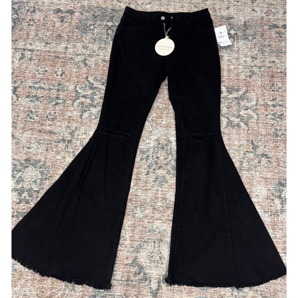 Saints & Hearts Black Distressed High Rise Bell Bottom Flared Jeans SIP6127B M
